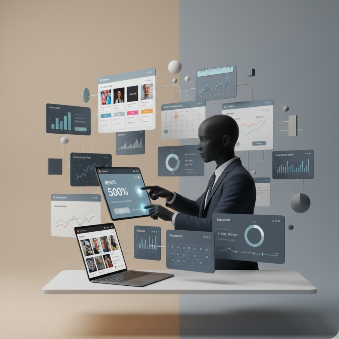 Layered ad mockups, scheduling calendars, and performance dashboards with a side‑view silhouette working on a laptop, presented in a modern, strategic composition.