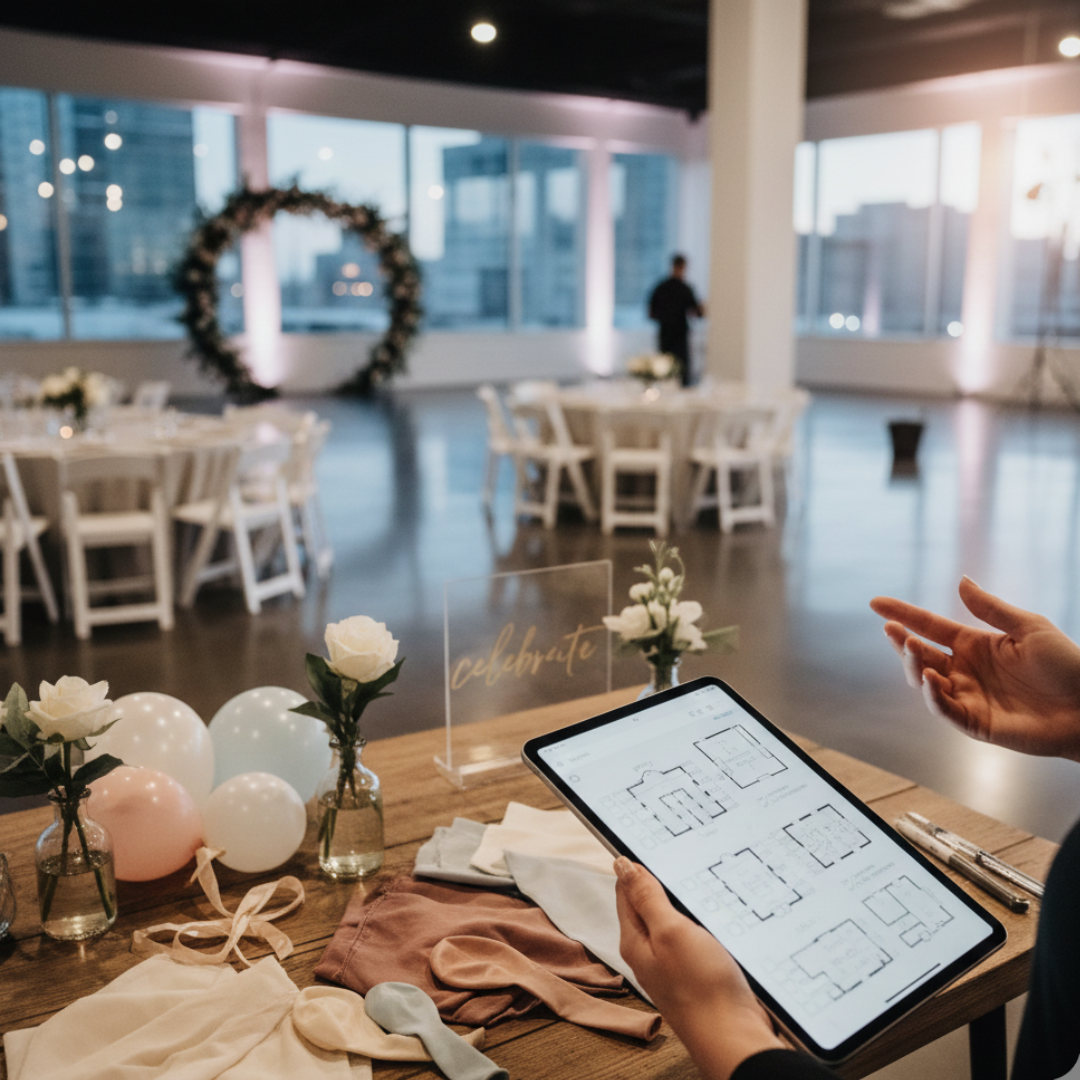 Realistic behind‑the‑scenes event planning scene with a planner’s hands holding a clipboard or tablet, décor samples, and a partially styled venue in the background.