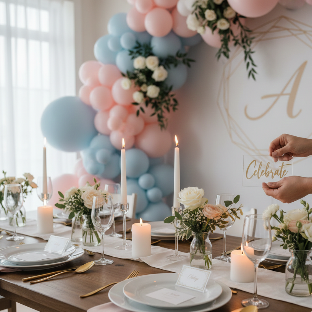 Beautifully styled event décor featuring balloons, florals, table styling, and backdrop elements, with hands adjusting decorations in a warm, realistic setting.