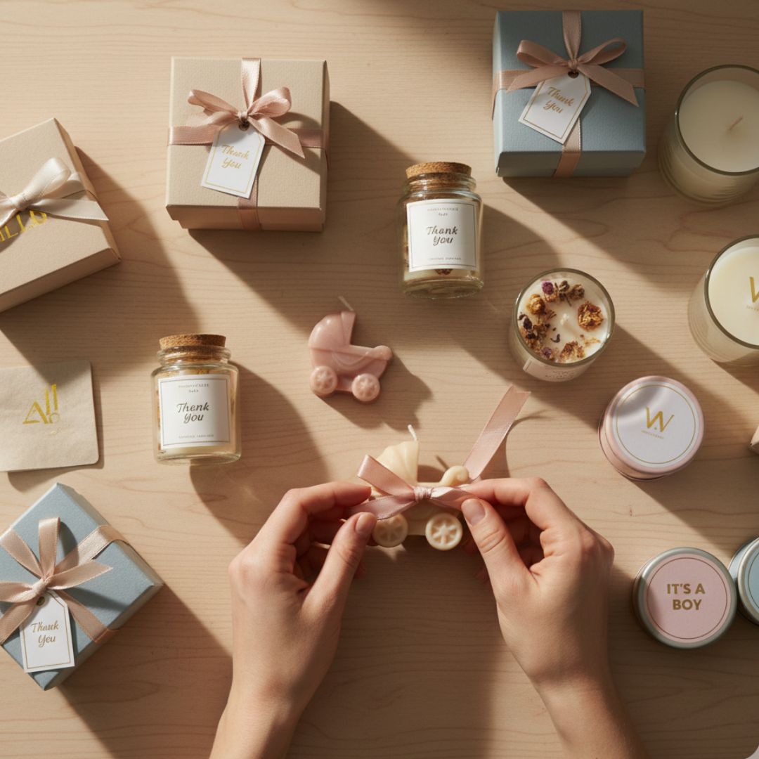 Realistic table display of curated event giveaways including gift boxes, personalized tags, baby shower favors, wedding tokens, and corporate souvenirs, with hands arranging items.