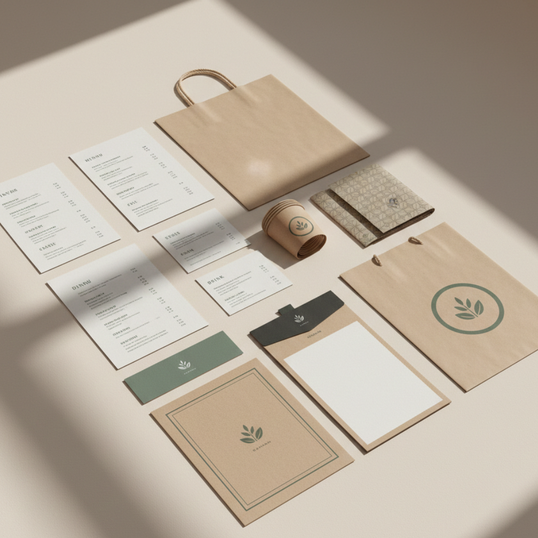 Modern display of branded menus, cup sleeves, takeaway bags, and paper goods designed for hospitality and corporate use.