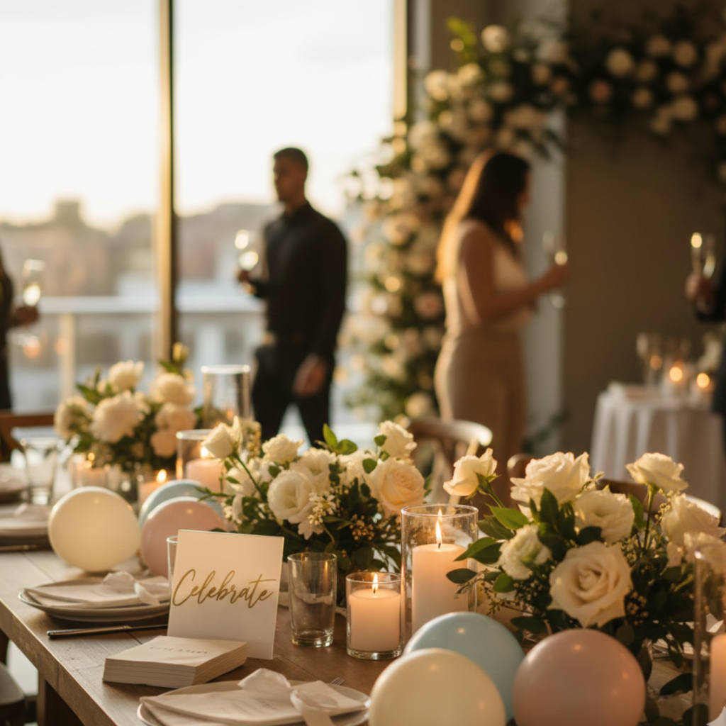 Realistic event scene with elegant décor, soft lighting, floral arrangements, and partial human presence such as hands arranging decorations, blending elements from birthdays, baby showers, weddings, and corporate events.