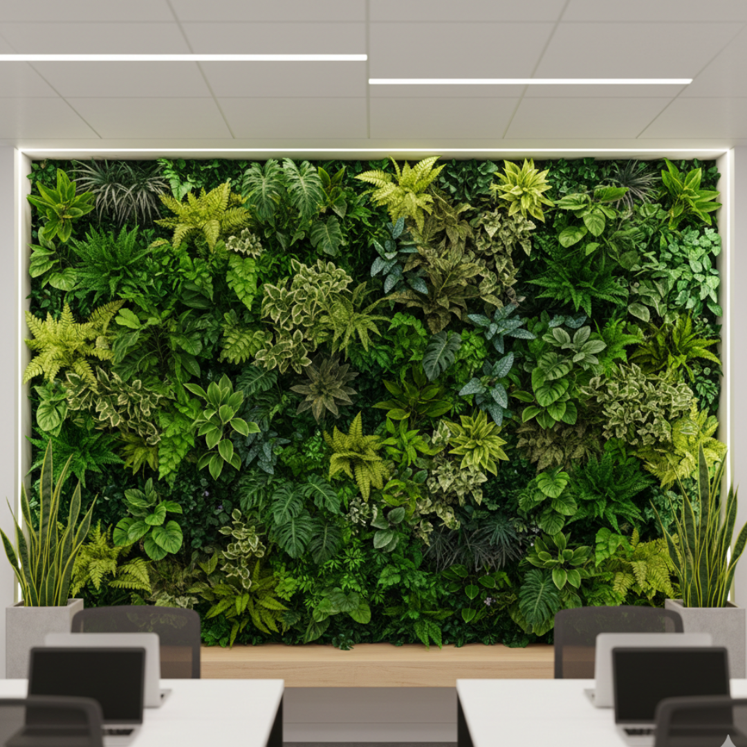 Realistic image of a lush UV‑treated greenwall installed in a modern office or commercial interior, with a hand or silhouette adjusting a panel.