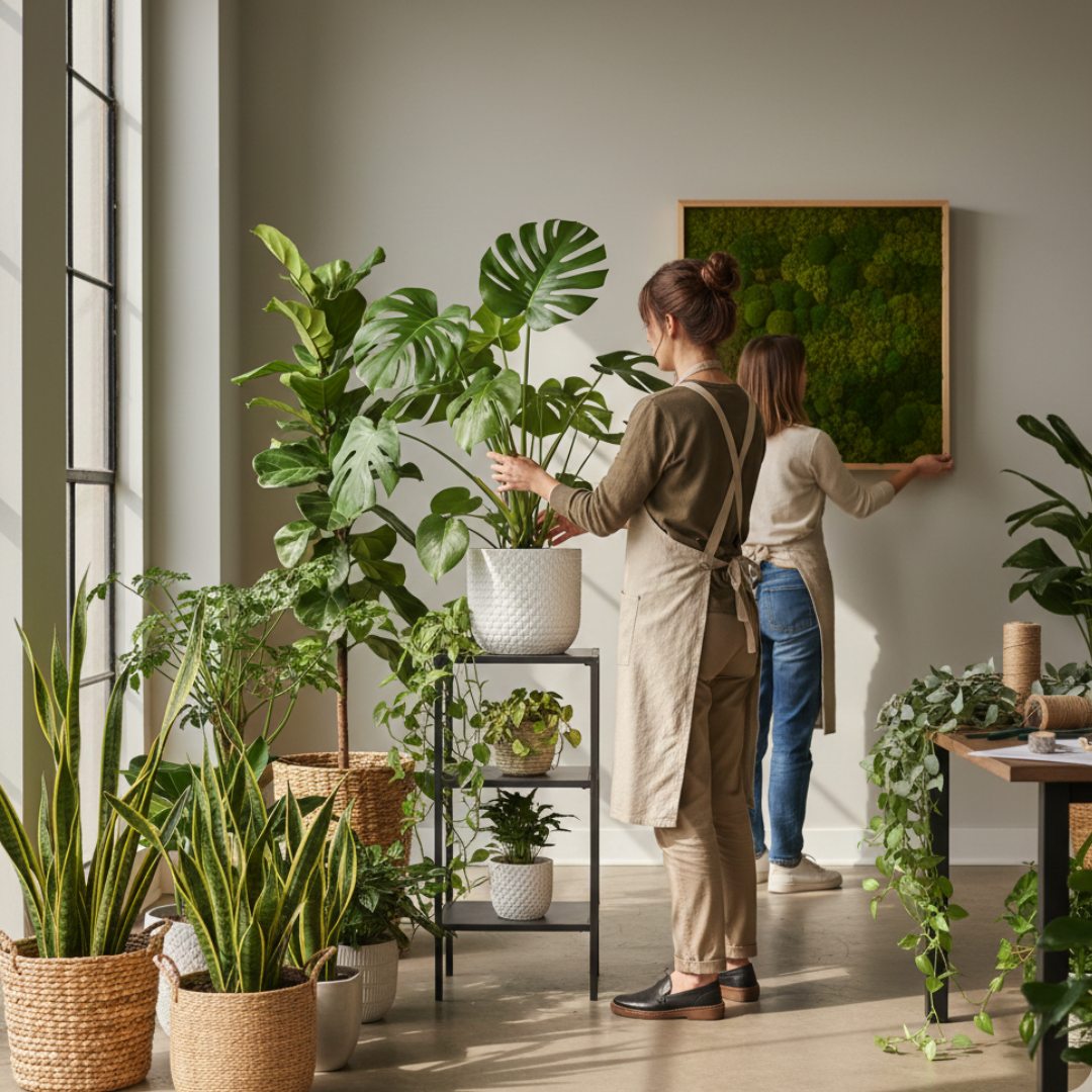 Behind‑the‑scenes image of a greenery stylist arranging plants, placing pots, or installing a moss or greenwall panel, with a mix of plant types and décor elements.