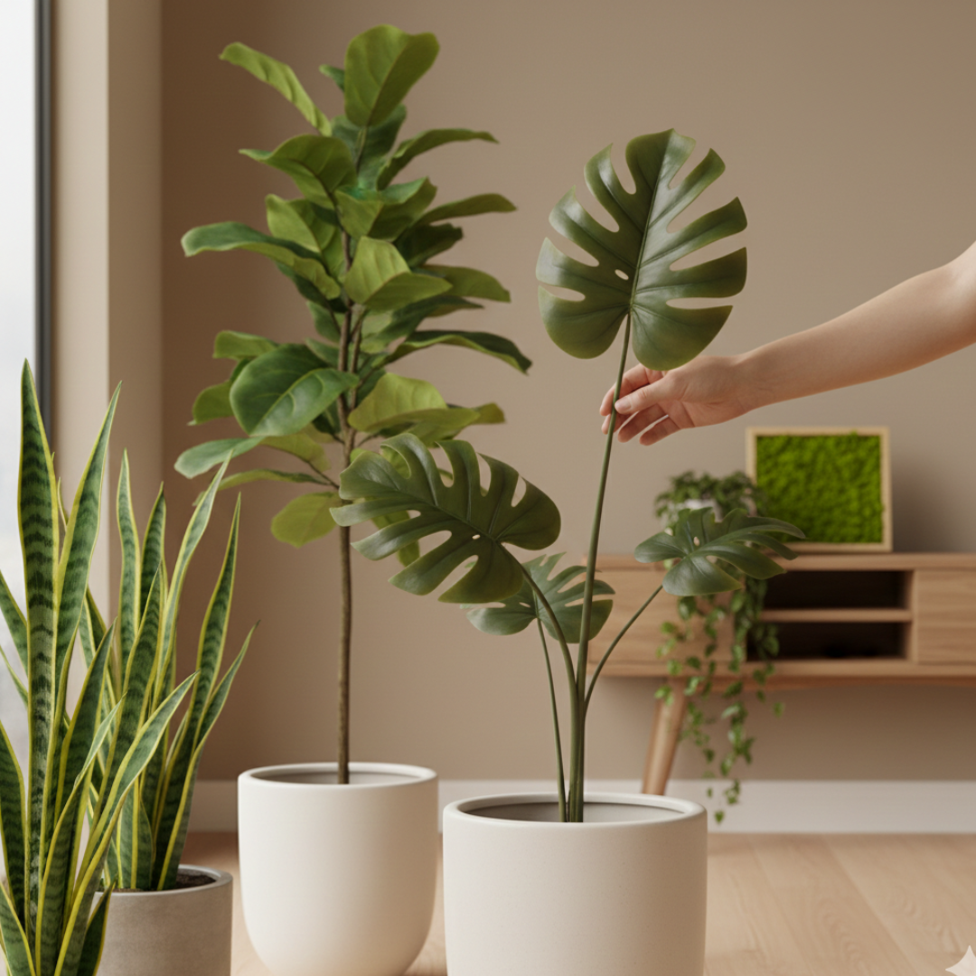 Realistic display of high‑quality artificial plants in modern pots, with a hand placing or adjusting an artificial stem to emphasize lifelike texture.