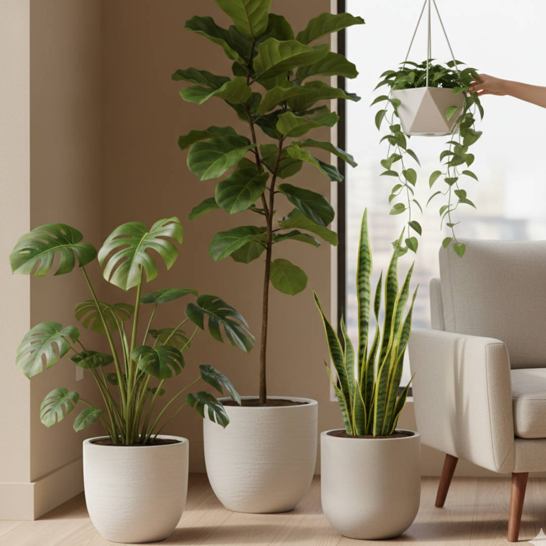 Realistic interior scene with a selection of indoor plants such as monstera, fiddle leaf fig, and snake plant, styled in modern pots with a hand adjusting a leaf.