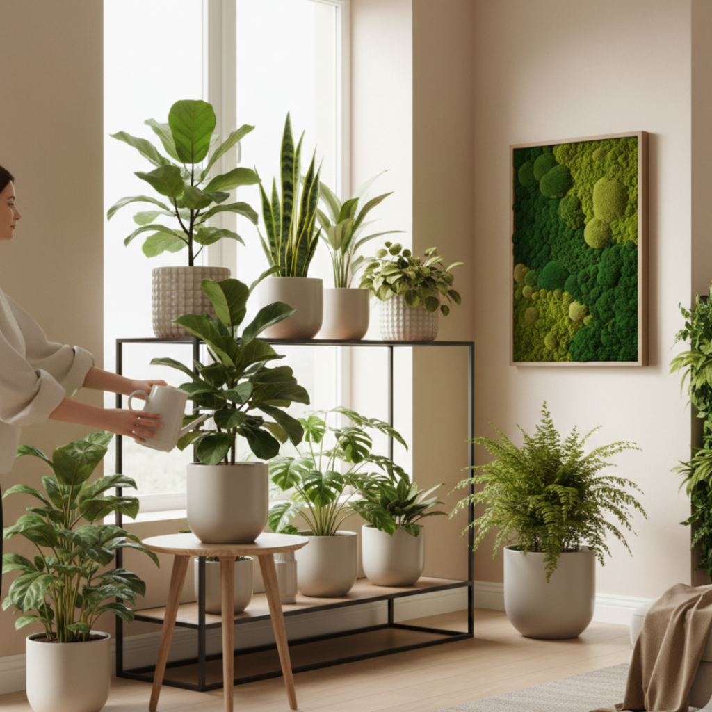 Realistic hero image featuring indoor plants, outdoor plants, artificial greenery, preserved moss, and a small greenwall section, with soft natural lighting and partial human presence adjusting a plant.