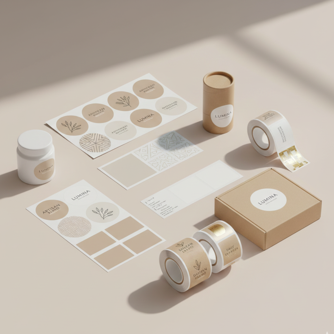Clean flat‑lay of custom stickers and labels in various shapes, including sheets and rolls, styled on a soft neutral background.