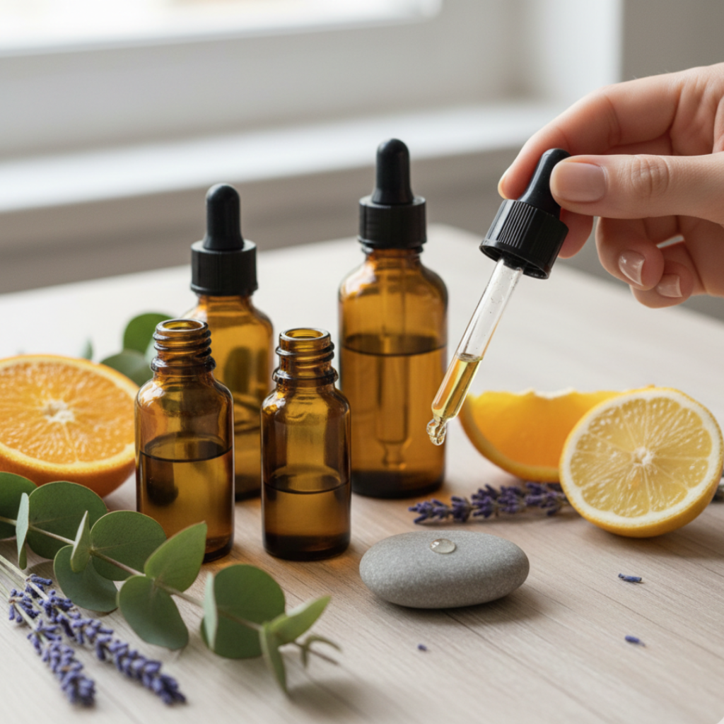 Essential oil bottles arranged with eucalyptus and lavender, with a hand using a dropper under soft, natural lighting.