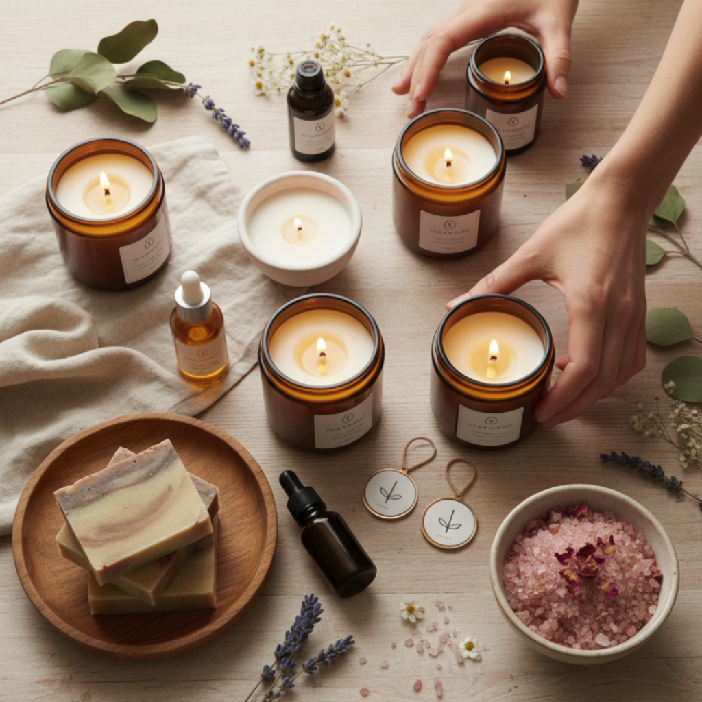 Warm lifestyle image featuring handcrafted scented candles, essential oils, car fresheners, handmade soaps, and bath salts arranged on natural textures with soft, cozy lighting.