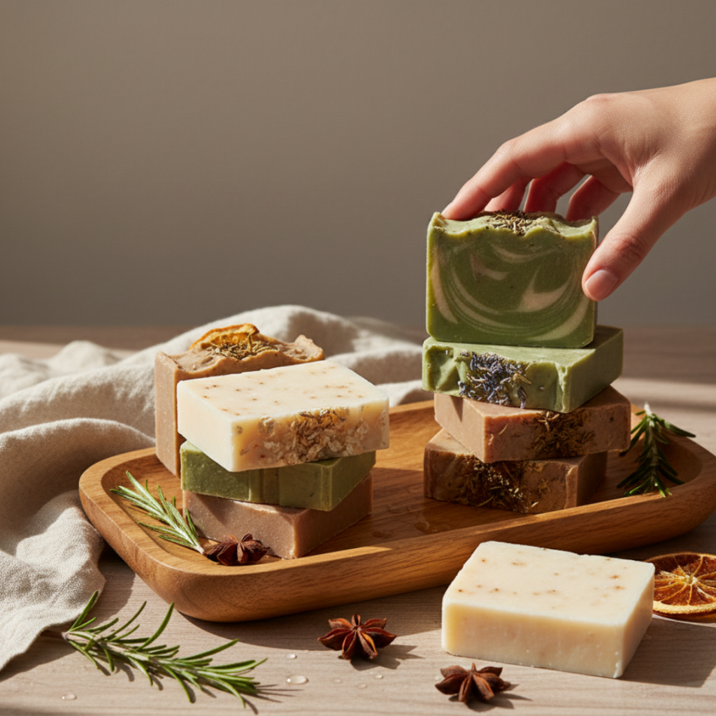 Stacked handmade soaps styled with dried herbs and linen textures, with a hand placing a soap bar on a wooden tray.