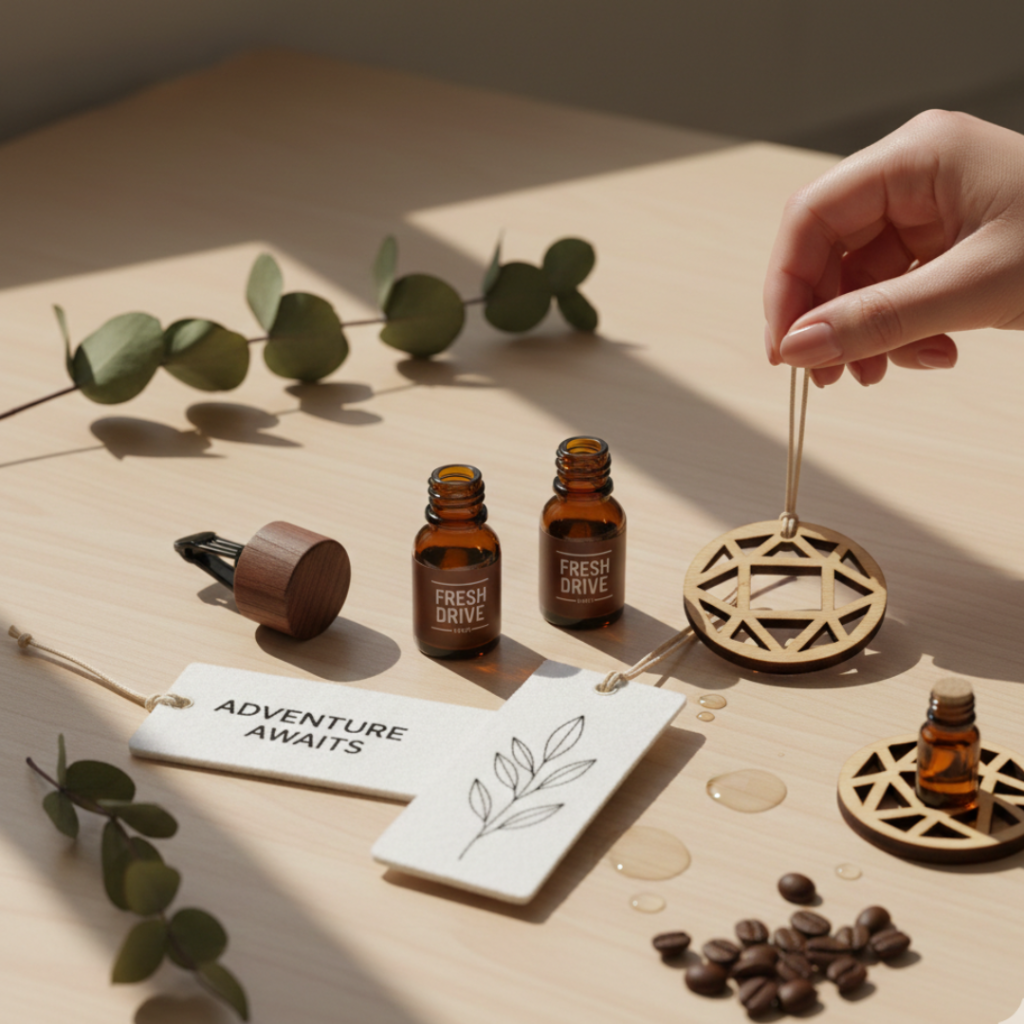 Realistic display of wooden and hanging car fresheners on a neutral background, with a hand holding or tying the diffuser.