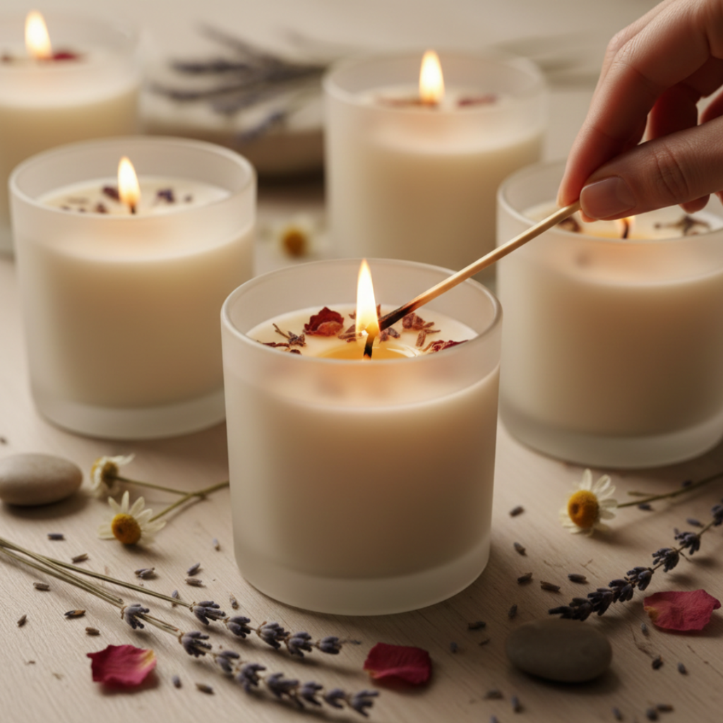 Close‑up of artisanal scented candles styled with dried flowers and warm lighting, with a hand gently lighting the wick.