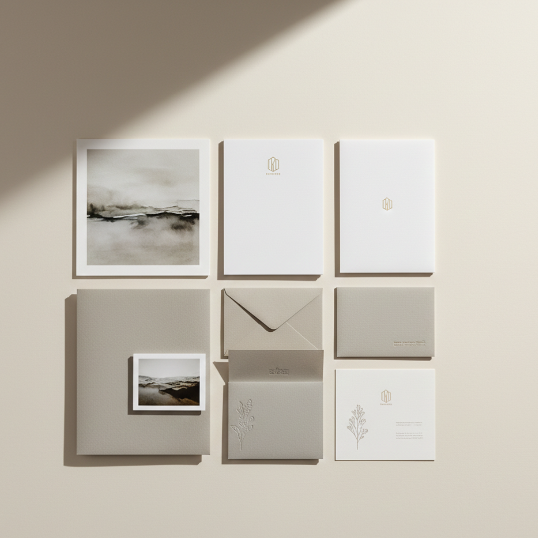 Minimal flat‑lay of premium photo prints, art prints, letterheads, envelopes, and notecards on a neutral background.
