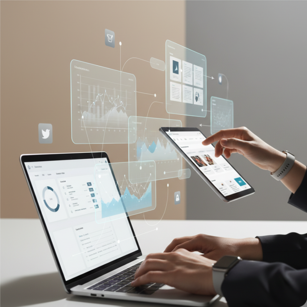 Modern digital marketing hero image with floating analytics cards, content tiles, and partial human elements such as hands using a laptop, set against a clean neutral background.