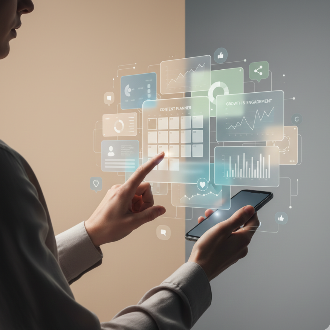 Dynamic image showing floating social media UI cards, planning grids, analytics charts, and a hand holding a phone, styled with modern gradients and soft shadows.