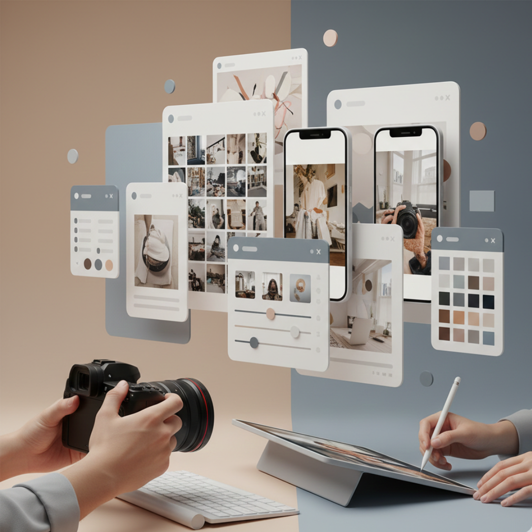 Layered content mockups including posts, reels, and editing tools, with hands using a stylus on a tablet, arranged in a modern artistic composition on a neutral background.