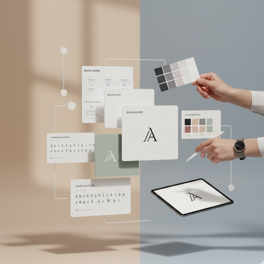 Floating brand boards, logo mockups, typography samples, and color swatches with a hand arranging brand elements, styled in a clean, premium layout.