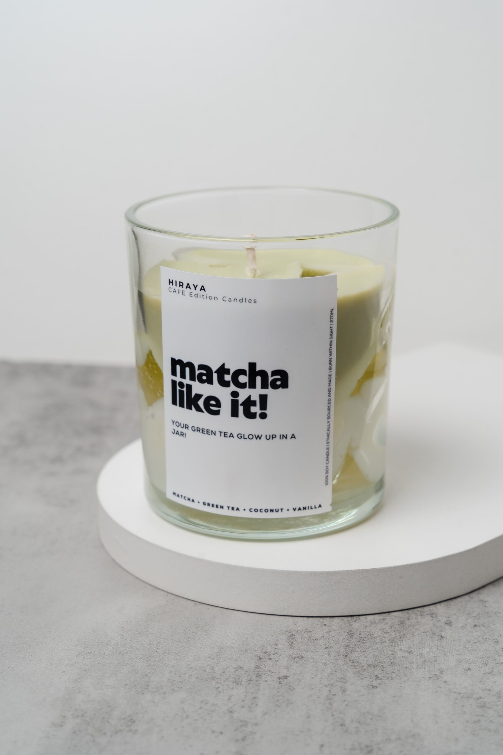 Front view of the Matcha Like It! candle showing its 300ml jar, soft green‑tea inspired label, and minimal aesthetic.