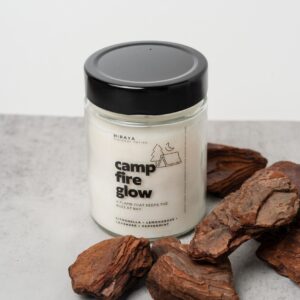 Front view of the Campfire Glow candle with citronella‑eucalyptus‑lavender label in 150ml or 280ml jars.