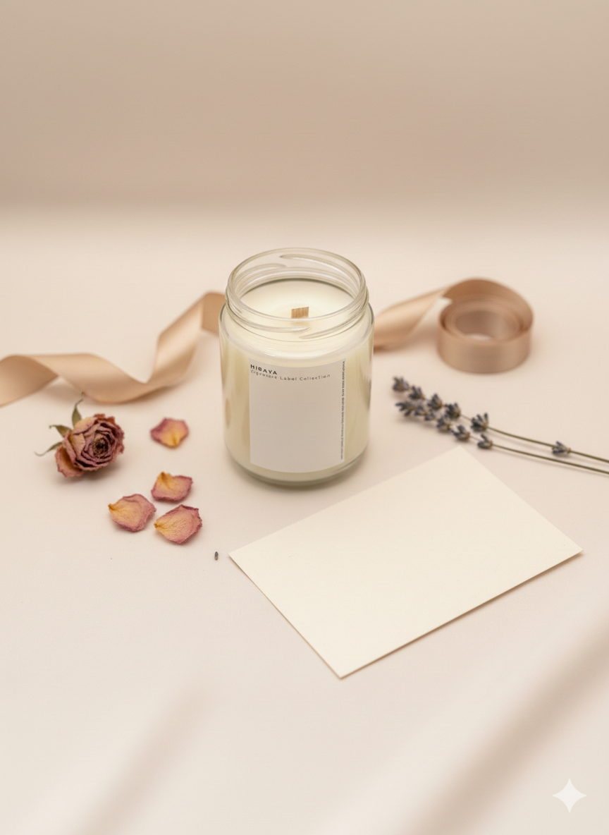 lat‑lay image of a customizable Signature Label candle on a soft beige background, styled with minimal props such as dried petals or ribbon, with the label area left blank for personalization.