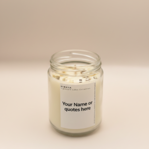 Close‑up image of a customizable Signature Label candle showing the blank label area, smooth wax texture, and premium jar details on a clean, neutral background.