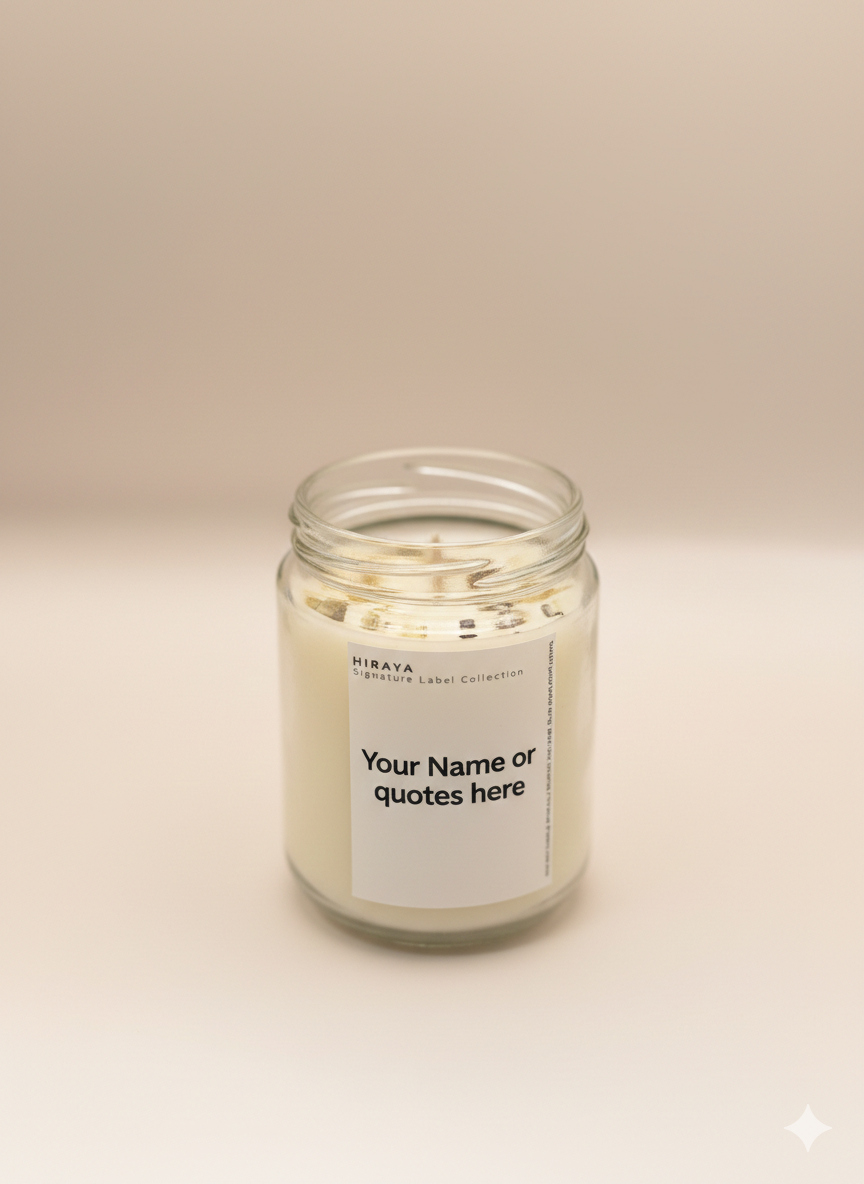 Close‑up image of a customizable Signature Label candle showing the blank label area, smooth wax texture, and premium jar details on a clean, neutral background.