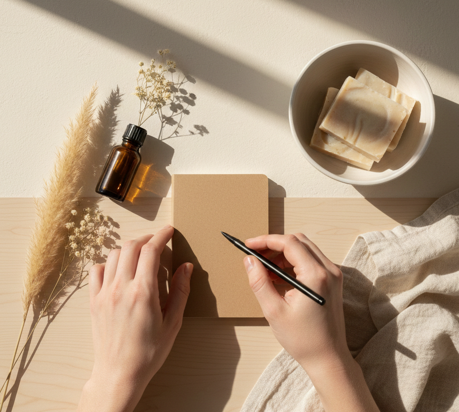 Minimal lifestyle image with a soft beige background, warm accents, and hands arranging creative materials, symbolizing clarity, creativity, and purpose.