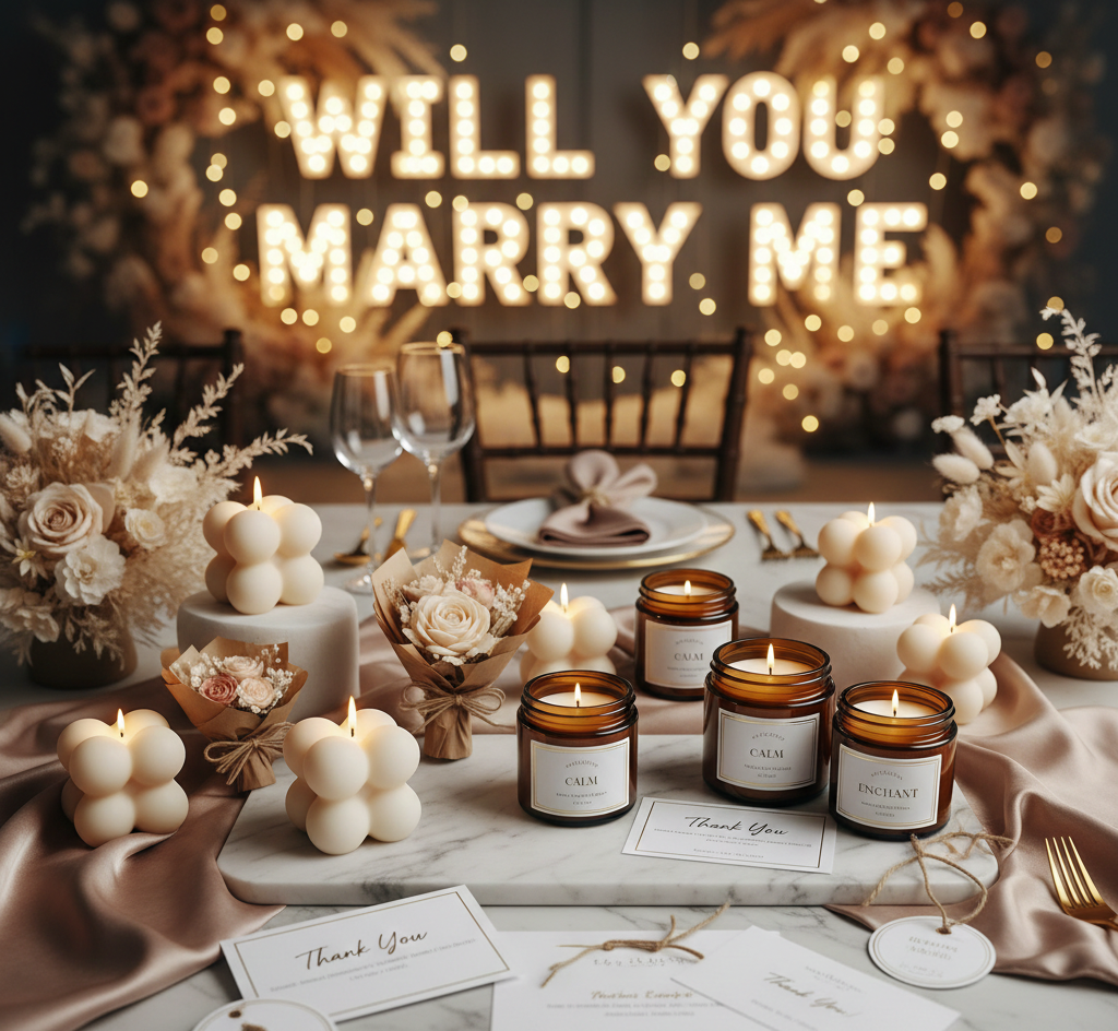 “Hiraya Home & Scents Co. luxury candles, molded designs, and custom printed materials displayed with a blurred ‘Will You Marry Me?’ proposal event setup behind them.”