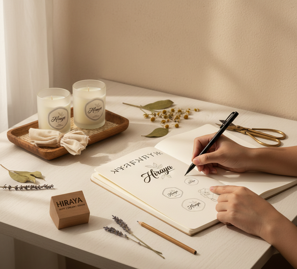 Minimal storytelling image featuring a soft beige background with natural materials, a journal or sketchbook, dried botanicals, and hands arranging or writing, symbolizing hopes, dreams, craftsmanship, and the creative origins of Hiraya.