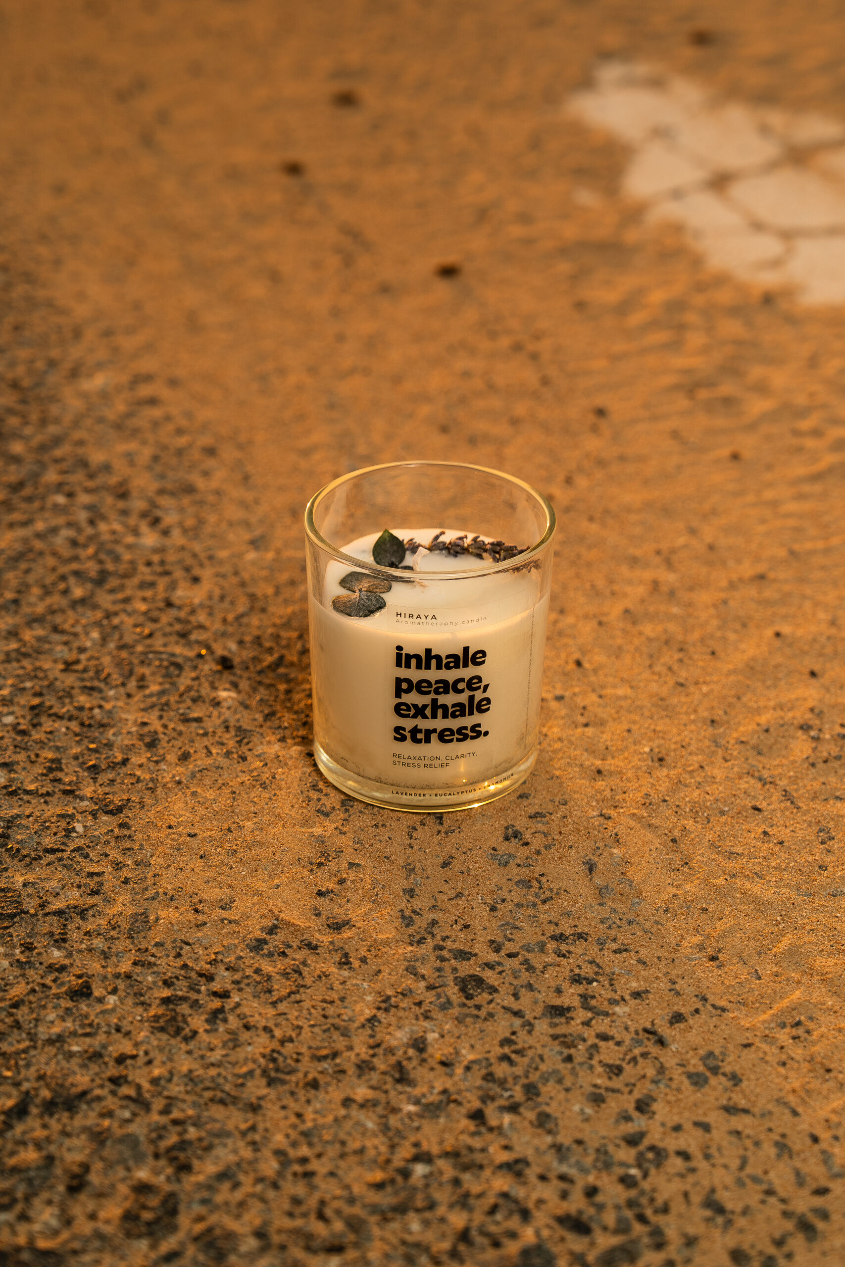 Lifestyle desert‑themed photo of calming lavender and eucalyptus candle for a tranquil mood