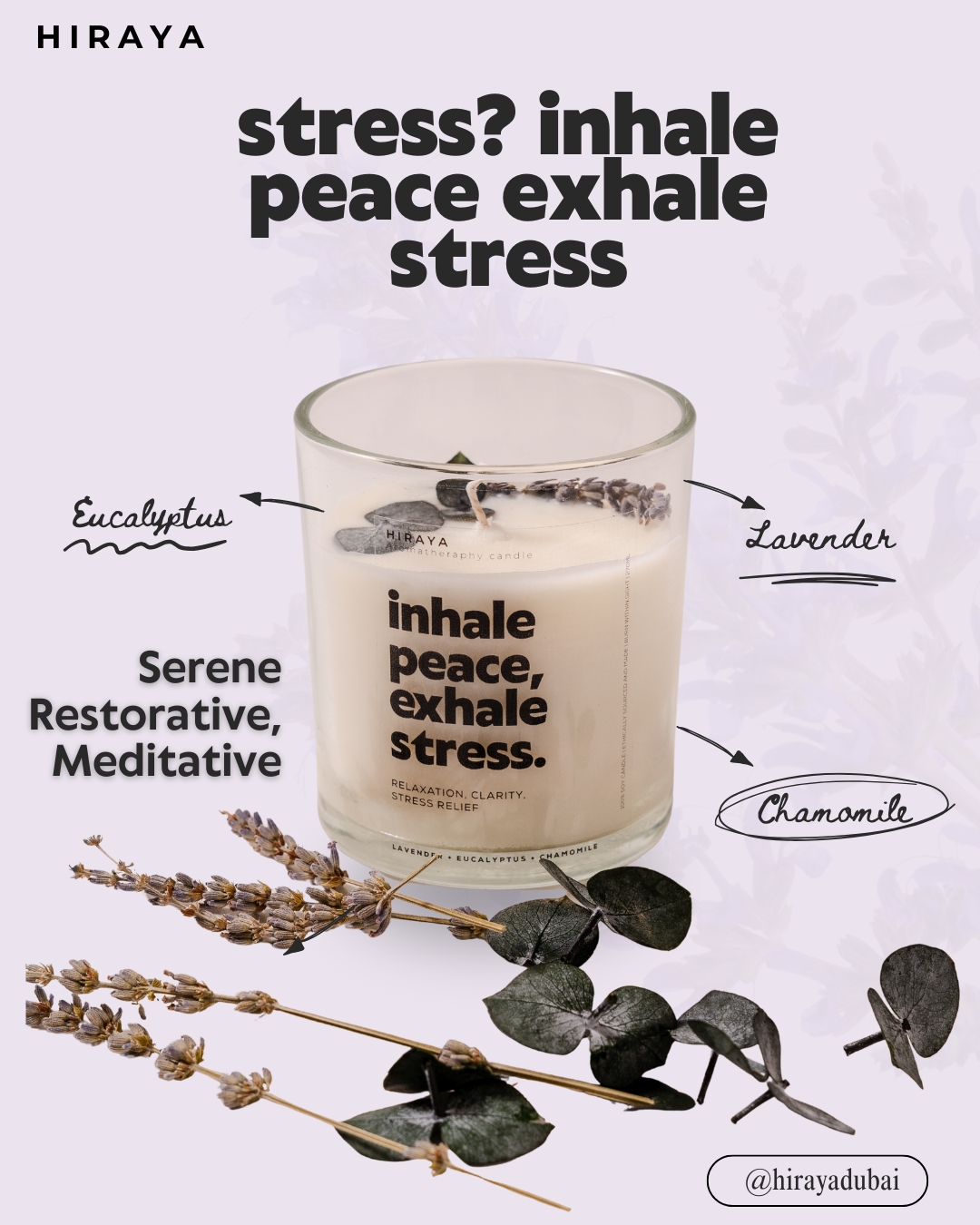 Ingredients graphic showing lavender, eucalyptus, and chamomile blend for a soothing aromatherapy candle