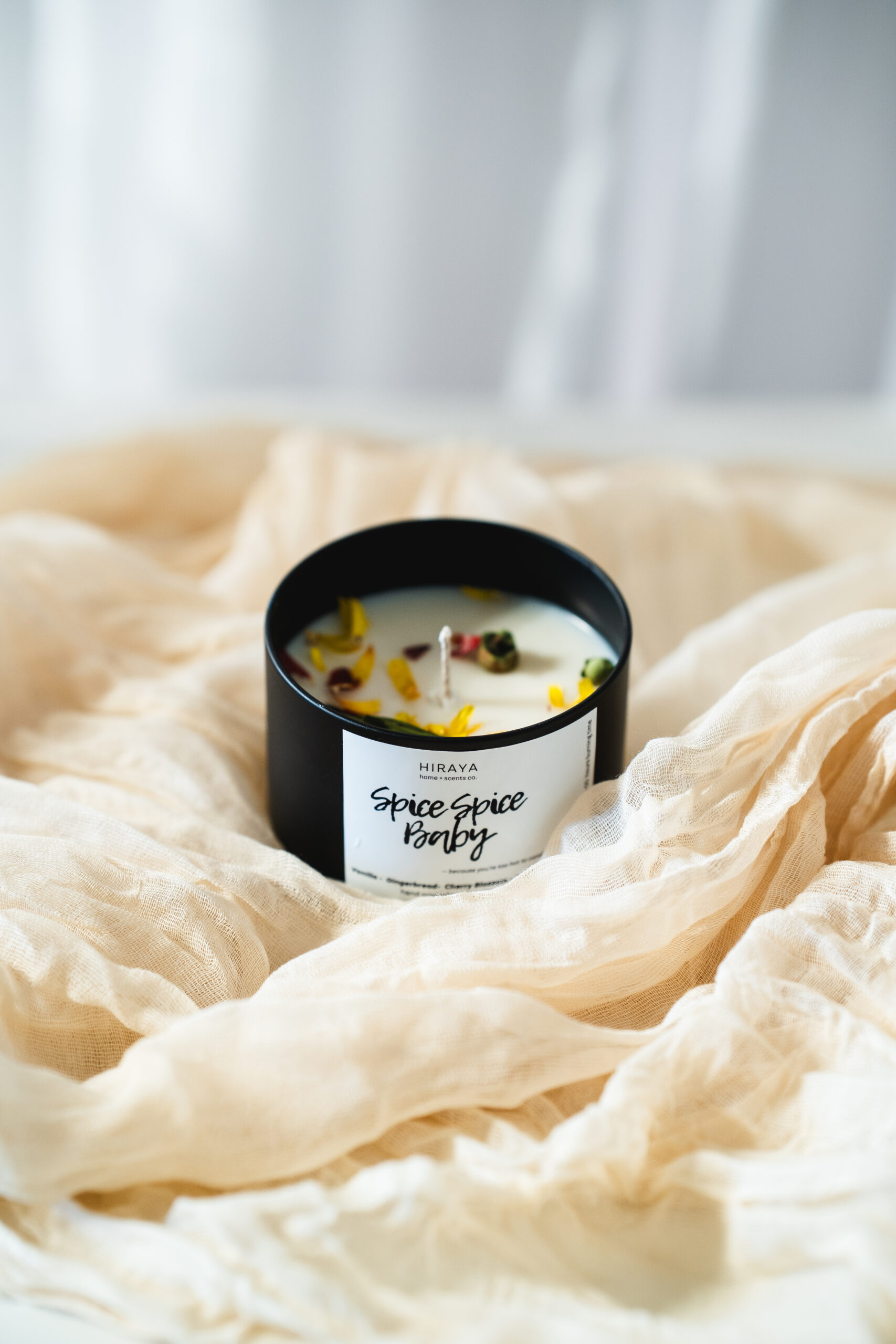 Spice and Floral scented candle styled with dried flowers for a romantic gentle mood