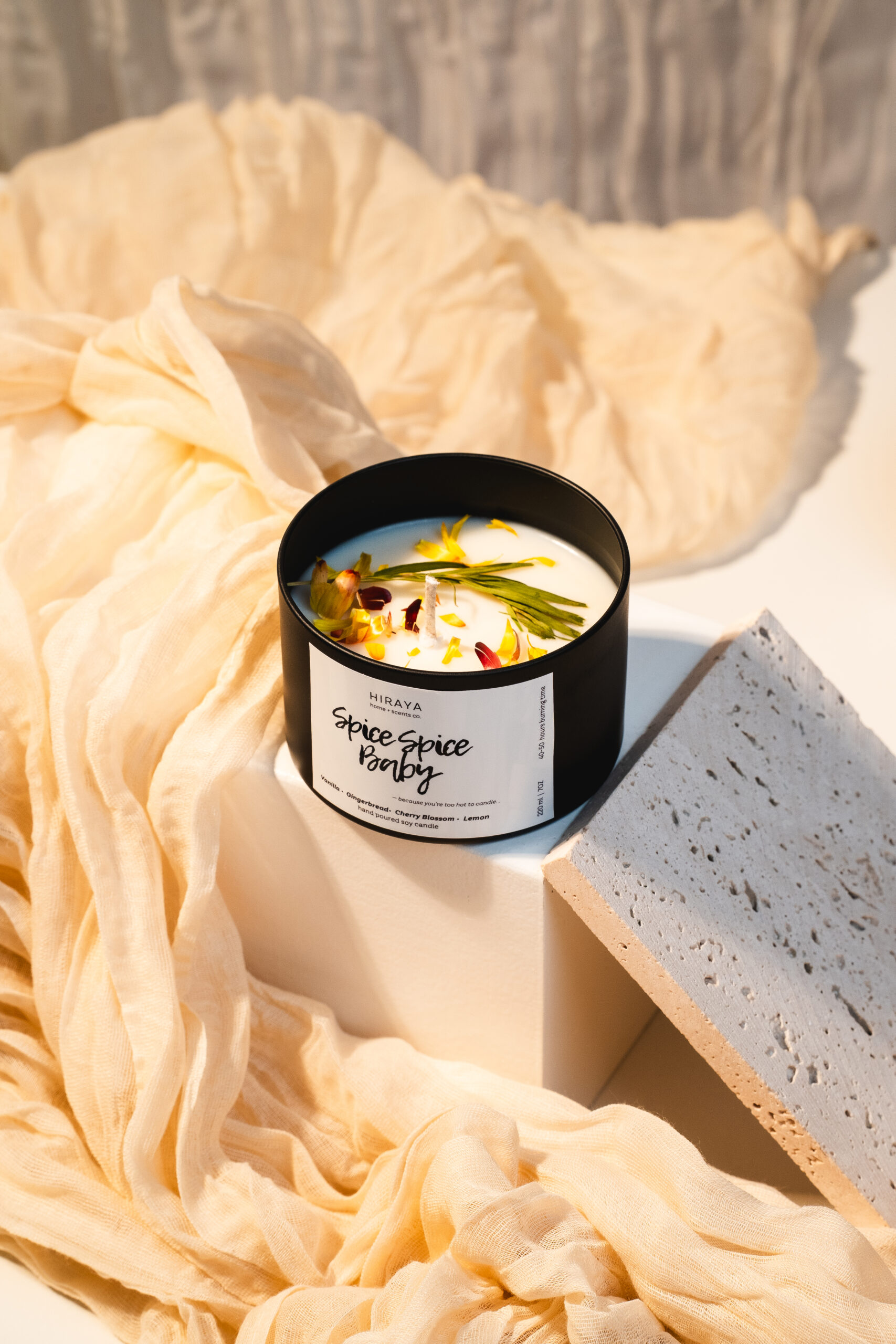 Spicy Floral scented candle styled with dried flowers for a romantic gentle mood