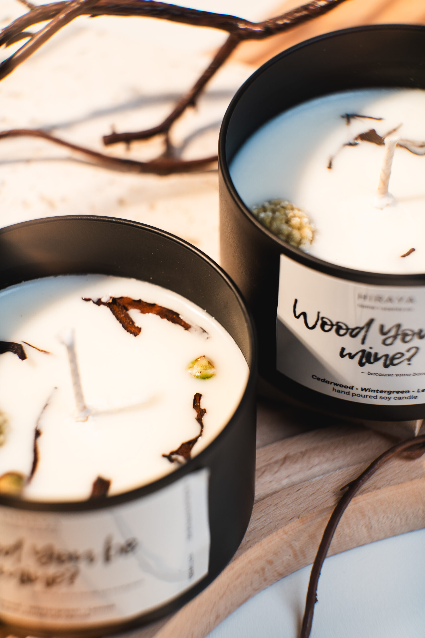 Close up of soy candle showing the dried flowers design