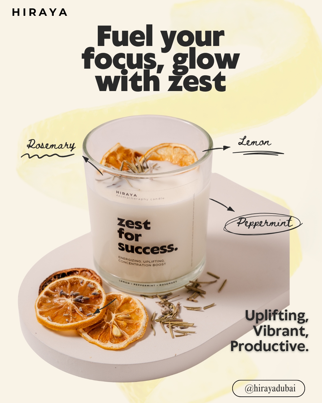 Ingredients graphic featuring lemon, peppermint, and rosemary for an uplifting aromatherapy candle
